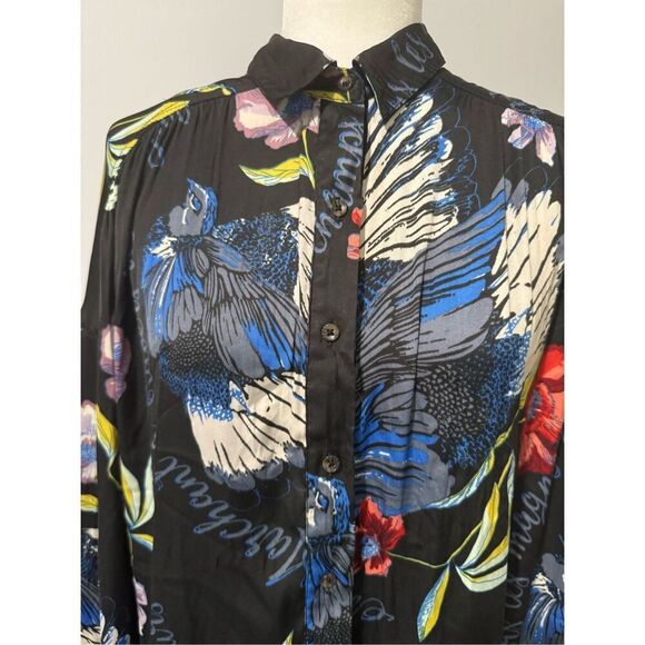 Free People black floral bird print long sleeve button front top SP - Picture 5 of 10